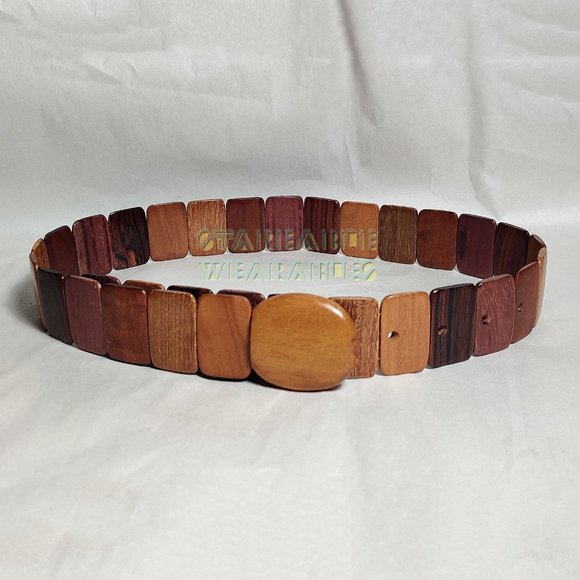 Accessories - Vintage Exotic Wood Link Belt Wooden Tiles Segmented '90s Handmade Woodgrain VTG
